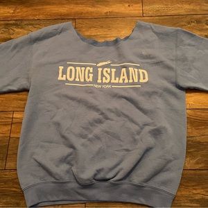 Long Island light blue crewneck, off the shoulder, cut off neck